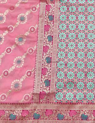 Pink zari woven silk traditional saree with blouse piece 5