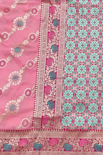 Pink zari woven silk traditional saree with blouse piece