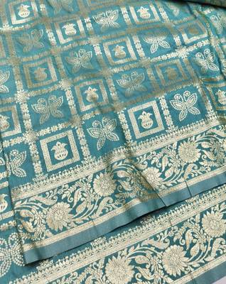 Light blue zari woven silk traditional saree with blouse piece 3