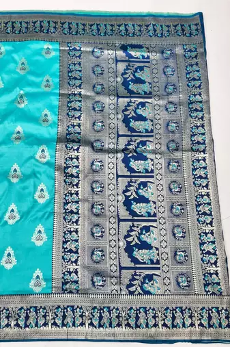 Blue zari woven baluchari silk traditional saree with blouse piece