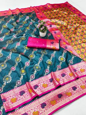 Blue zari woven silk traditional saree with blouse piece 1