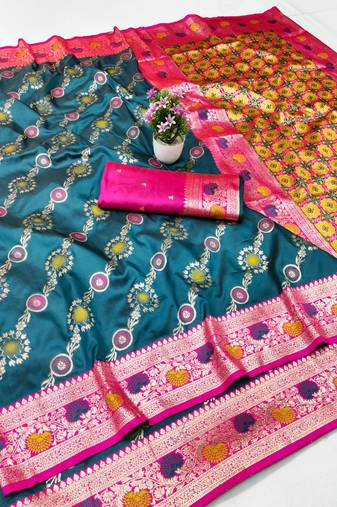 Blue zari woven banarasi silk traditional saree with blouse piece