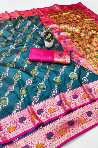 Blue zari woven silk traditional saree with blouse piece