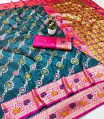 Blue zari woven banarasi silk traditional saree with blouse piece