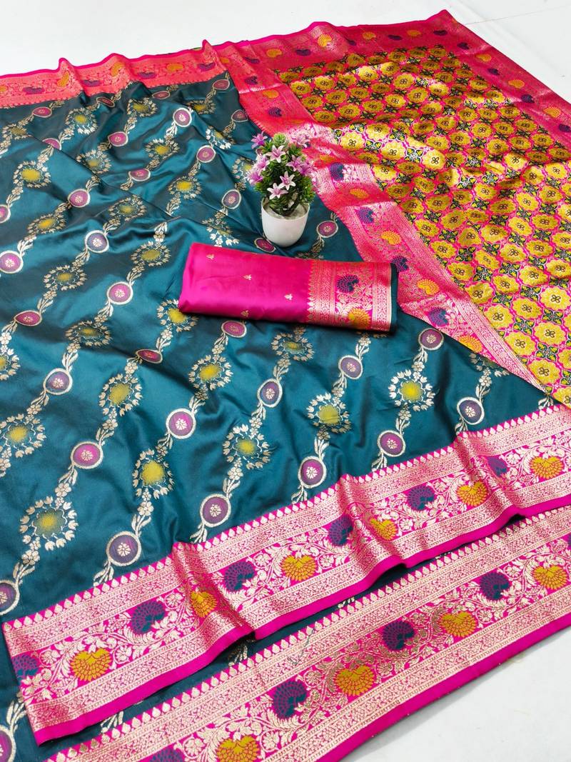 Blue zari woven banarasi silk traditional saree with blouse piece