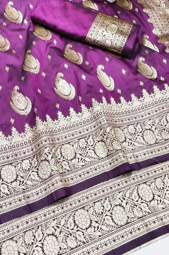 Wine zari woven silk traditional saree with blouse piece