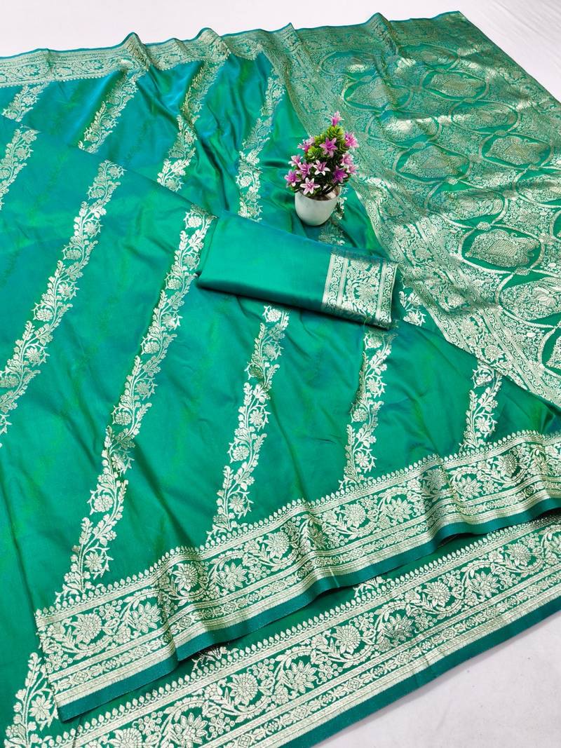 Green zari woven banarasi silk traditional saree with blouse piece