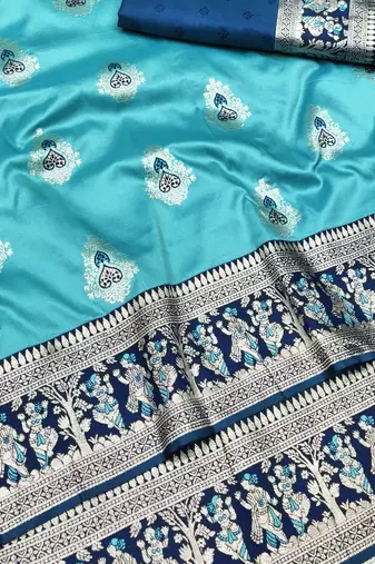 Blue zari woven baluchari silk traditional saree with blouse piece