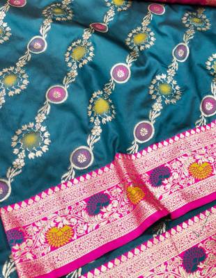 Blue zari woven silk traditional saree with blouse piece 3