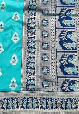 Blue zari woven baluchari silk traditional saree with blouse piece 4
