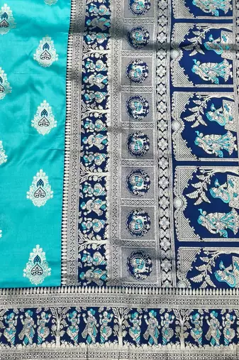 Blue zari woven baluchari silk traditional saree with blouse piece