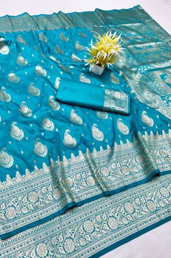 Rama zari woven silk traditional saree with blouse piece