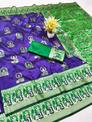 Purple zari woven baluchari silk traditional saree with blouse piece 1