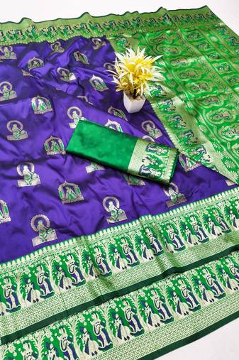 Purple zari woven baluchari silk traditional saree with blouse piece