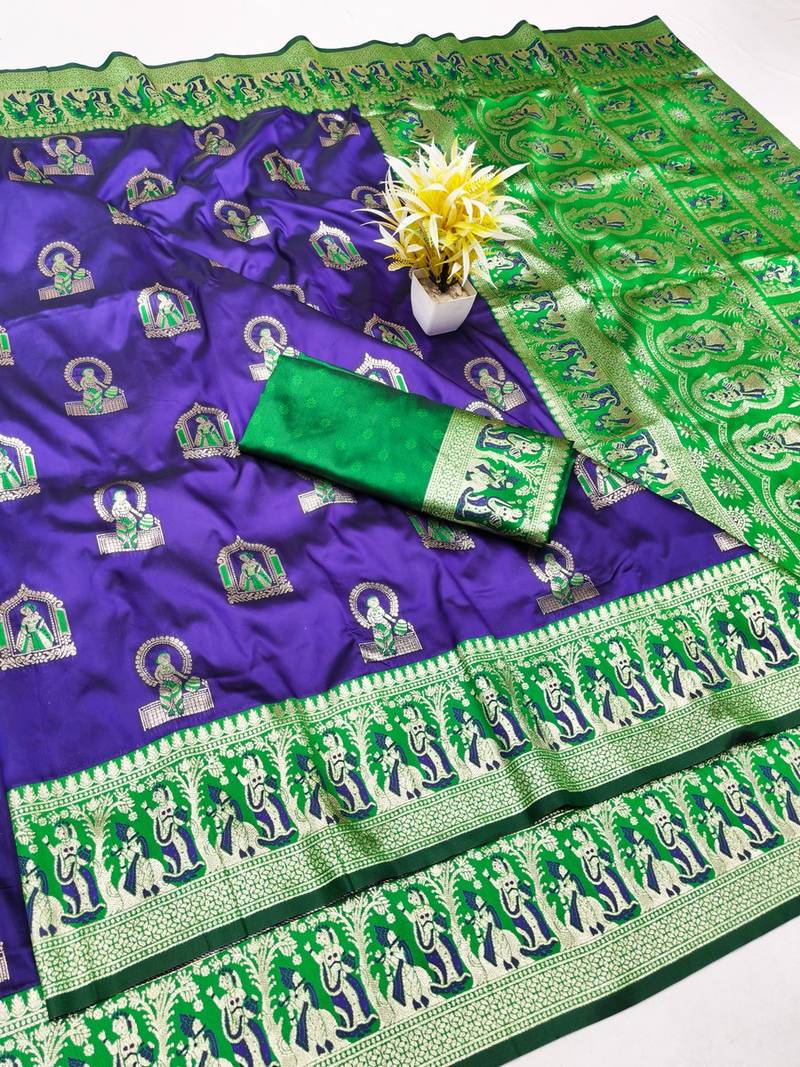 Purple zari woven baluchari silk traditional saree with blouse piece