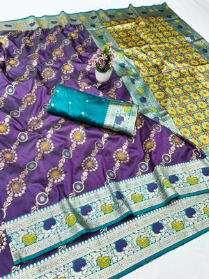 Purple zari woven silk traditional saree with blouse piece 1