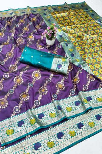 Purple zari woven silk traditional saree with blouse piece