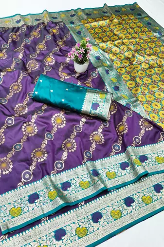 Purple zari woven silk traditional saree with blouse piece