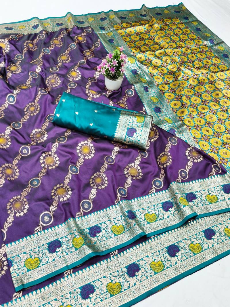Purple zari woven banarasi silk traditional saree with blouse piece