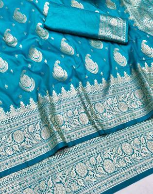 Rama zari woven silk traditional saree with blouse piece 3