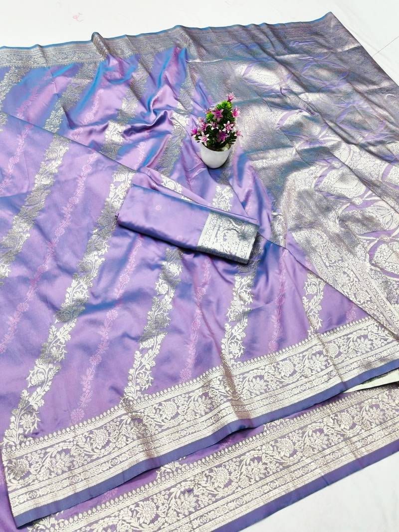 Purple zari woven banarasi silk traditional saree with blouse piece