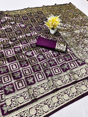 Wine zari woven silk traditional saree with blouse piece 1
