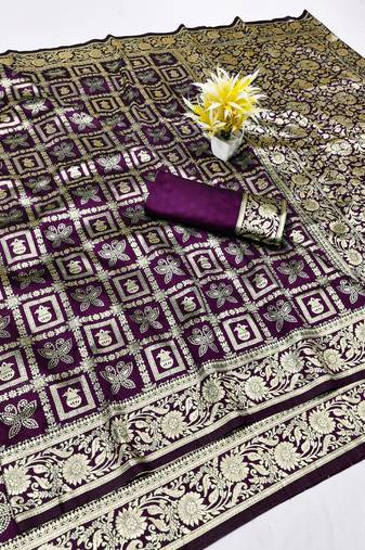 Wine zari woven silk traditional saree with blouse piece