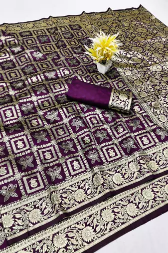 Wine zari woven silk traditional saree with blouse piece