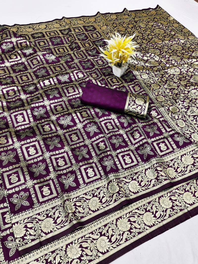 Wine zari woven banarasi silk traditional saree with blouse piece