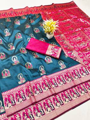 Dark blue zari woven baluchari silk traditional saree with blouse piece 1