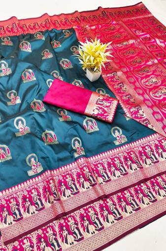 Dark blue zari woven baluchari silk traditional saree with blouse piece