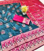 Dark blue zari woven baluchari silk traditional saree with blouse piece