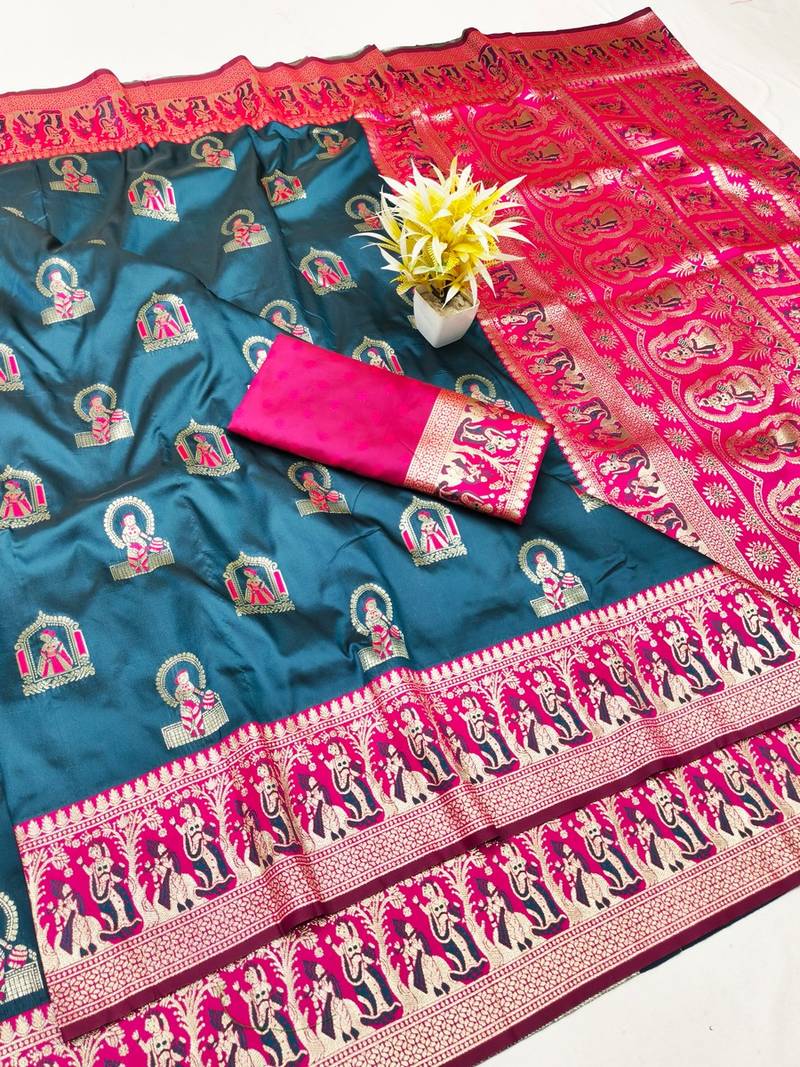 Dark blue zari woven baluchari silk traditional saree with blouse piece