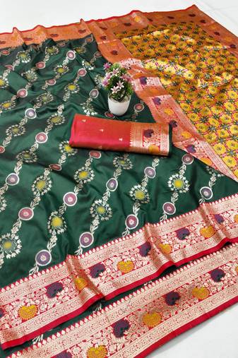 Green zari woven silk traditional saree with blouse piece
