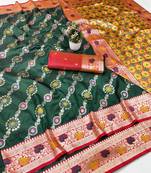 Green zari woven banarasi silk traditional saree with blouse piece