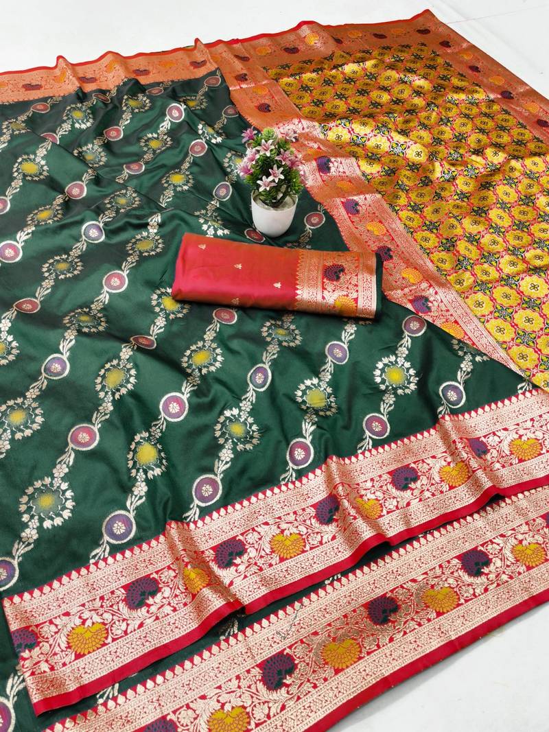 Green zari woven banarasi silk traditional saree with blouse piece