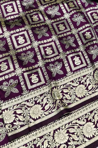 Wine zari woven silk traditional saree with blouse piece