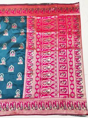 Dark blue zari woven baluchari silk traditional saree with blouse piece 2