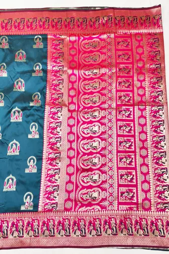 Dark blue zari woven baluchari silk traditional saree with blouse piece