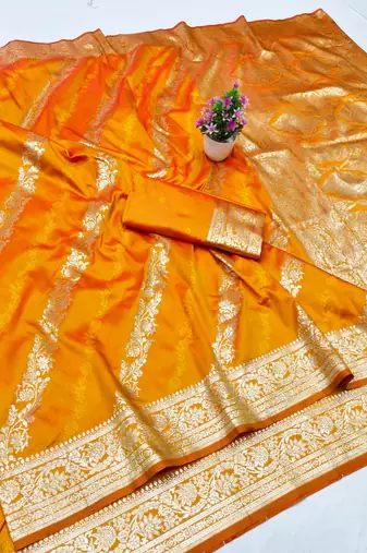 Mustard zari woven silk traditional saree with blouse piece