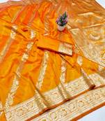 Mustard zari woven banarasi silk traditional saree with blouse piece