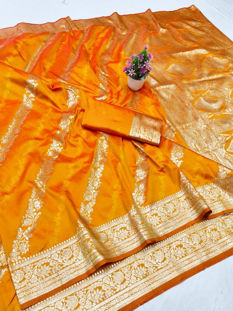 Mustard zari woven banarasi silk traditional saree with blouse piece