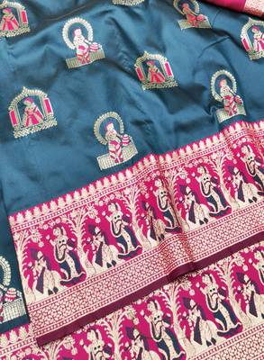 Dark blue zari woven baluchari silk traditional saree with blouse piece 3
