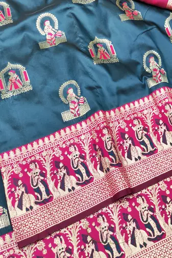 Dark blue zari woven baluchari silk traditional saree with blouse piece