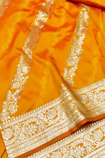 Mustard zari woven silk traditional saree with blouse piece