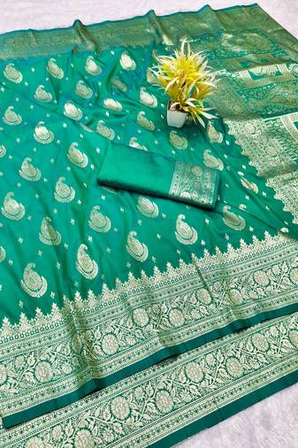 Green zari woven banarasi silk traditional saree with blouse piece