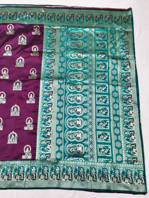 Wine zari woven baluchari silk traditional saree with blouse piece 1
