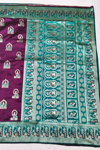 Wine zari woven baluchari silk traditional saree with blouse piece