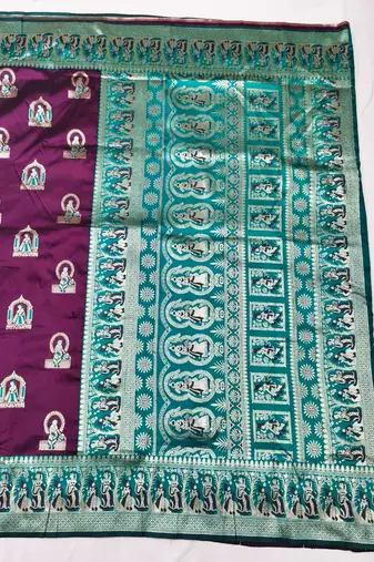 Wine zari woven baluchari silk traditional saree with blouse piece