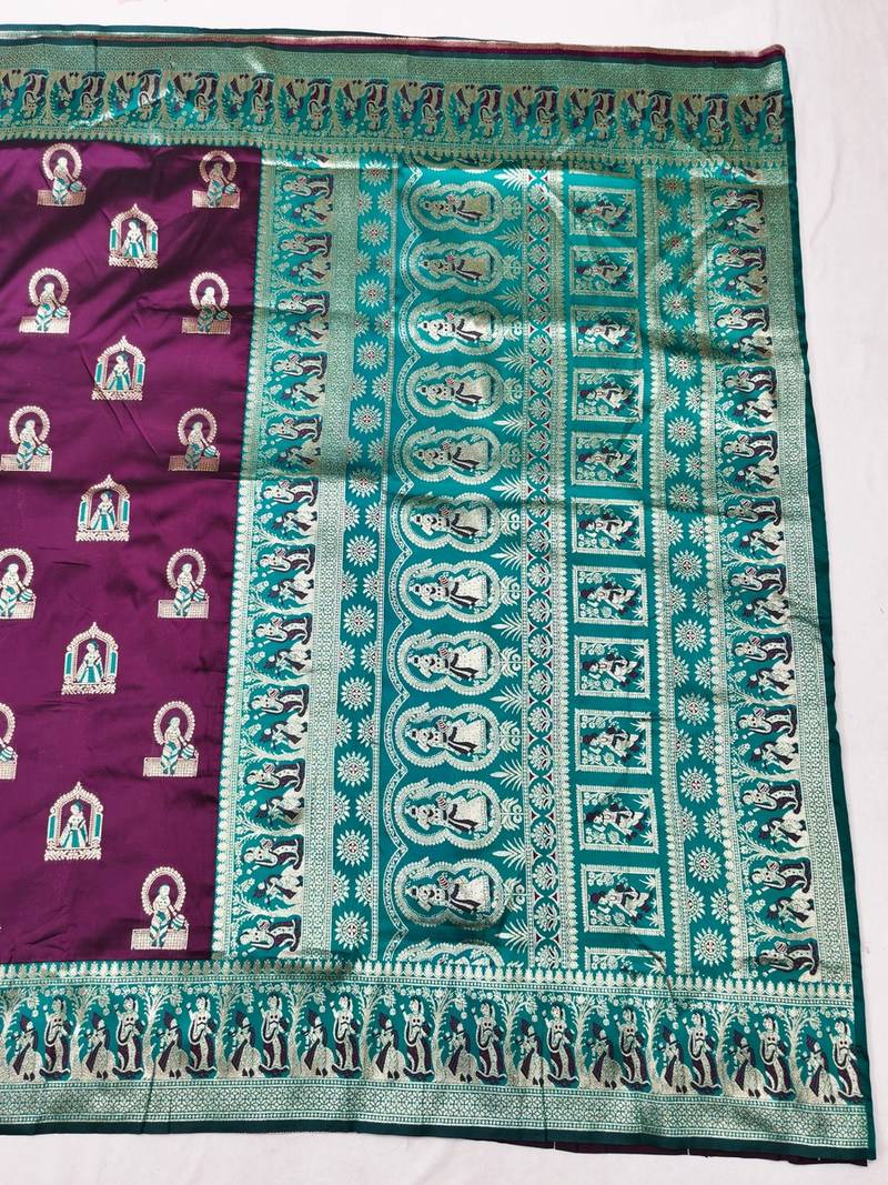 Wine zari woven baluchari silk traditional saree with blouse piece